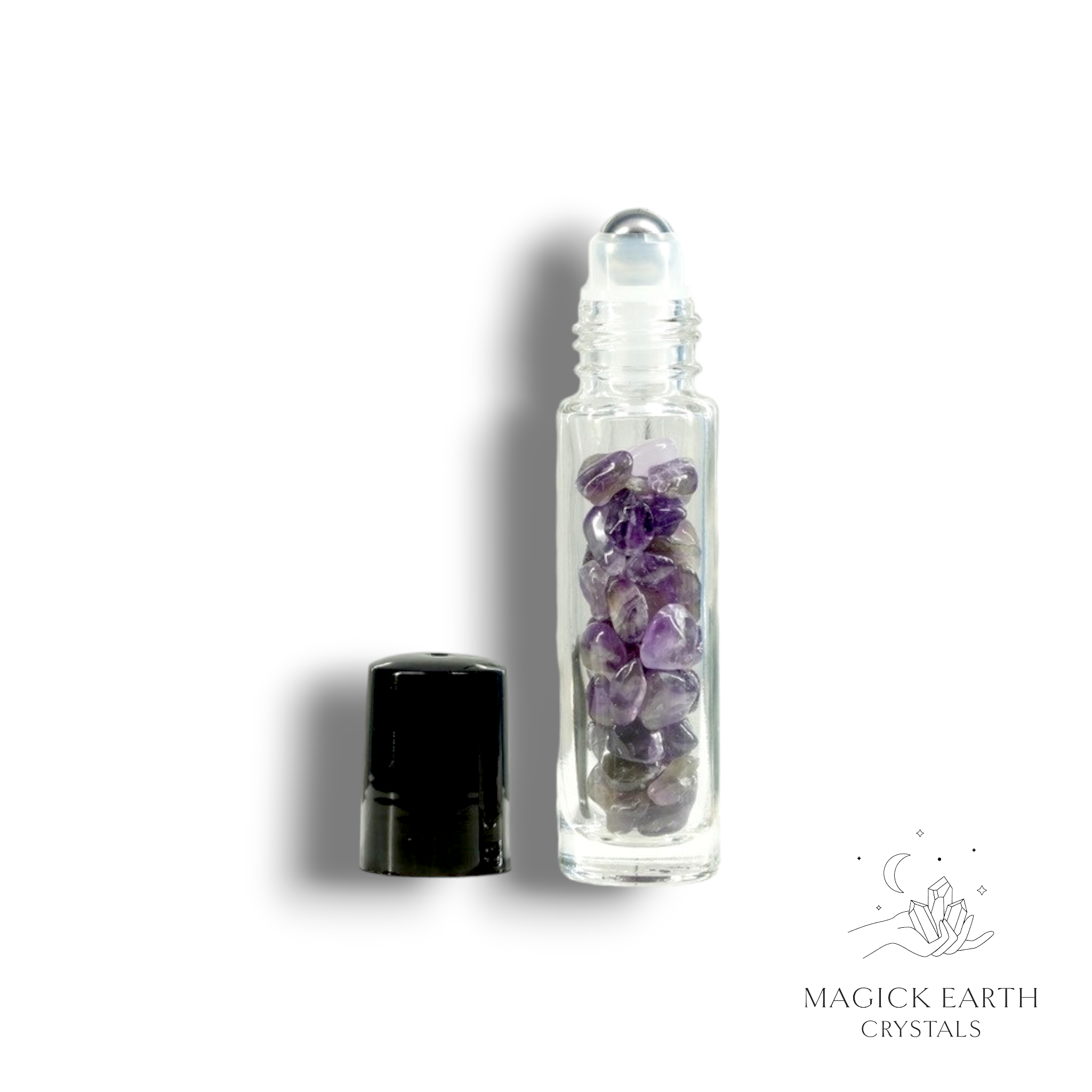 Natural Amethyst crystal chip roller bottle view b