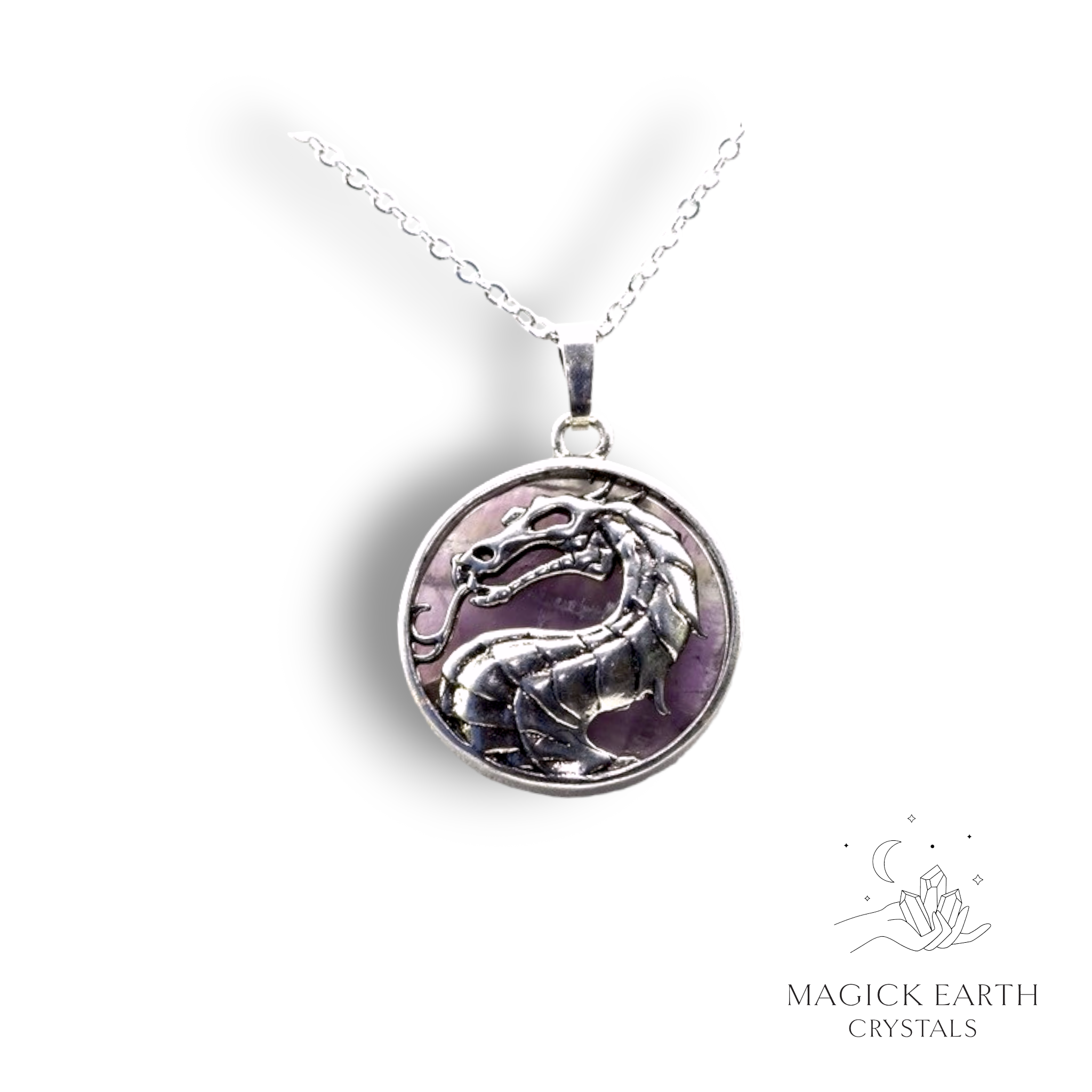 Natural Amethyst crystal dragon pendant view a