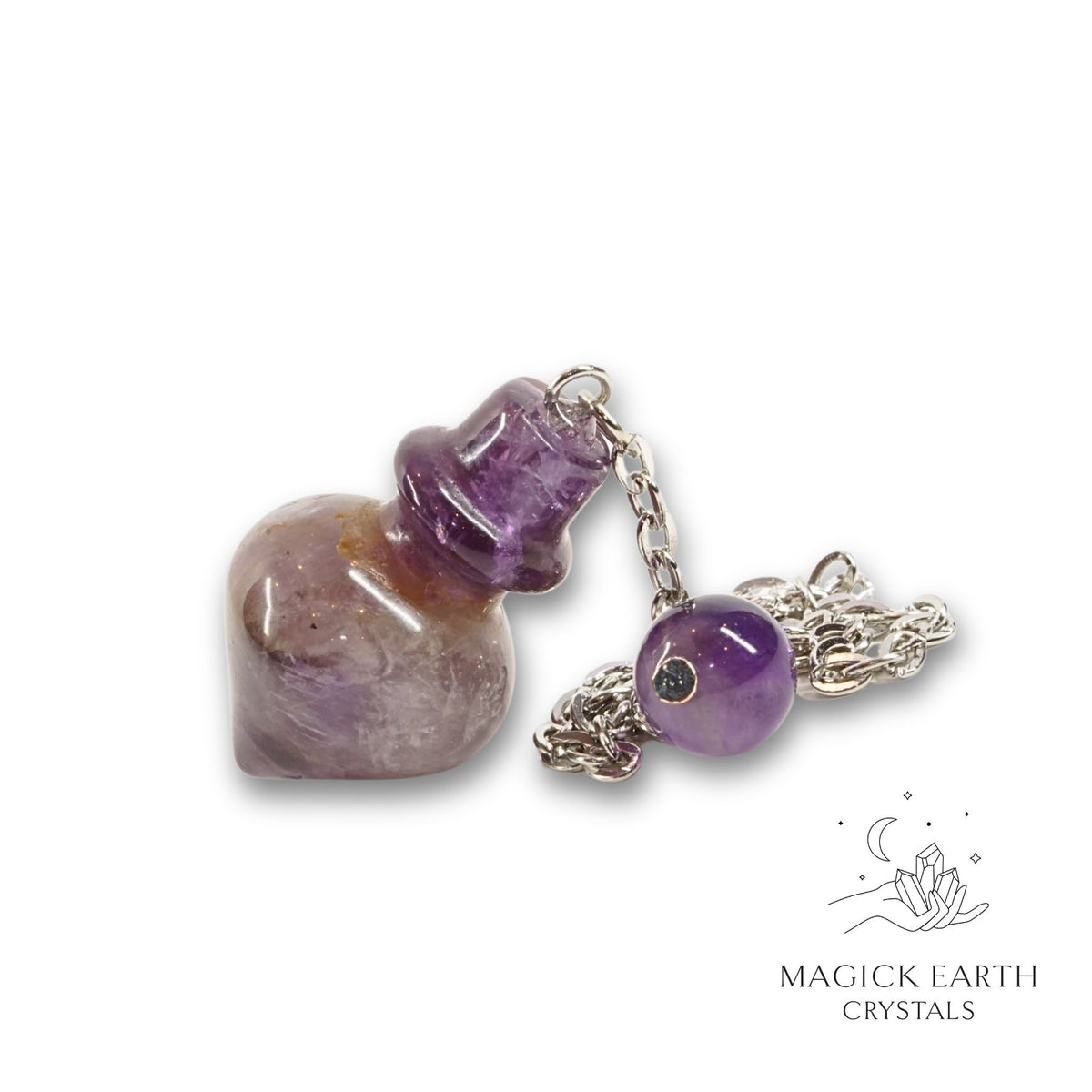 Natural Amethyst crystal flask pendulum view a
