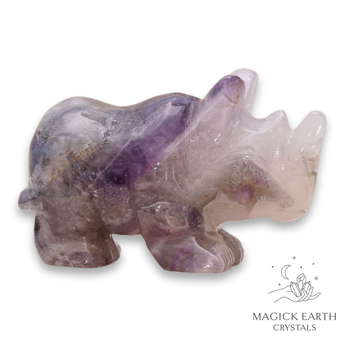 Natural Amethyst crystal rhinoceros figurine right view 