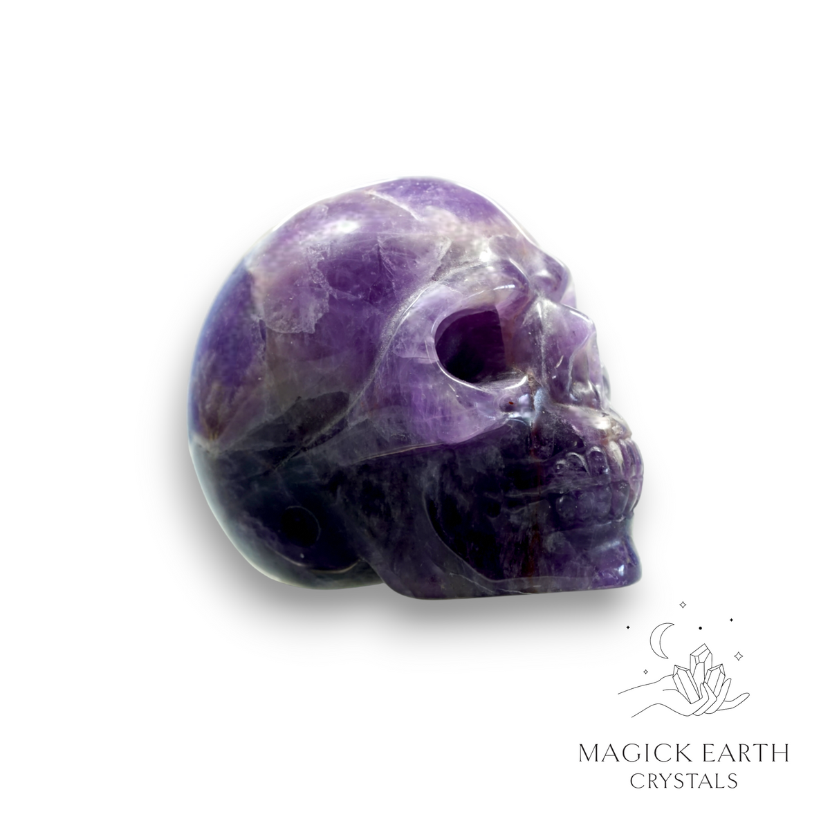 Natural Amethyst crystal skull view a