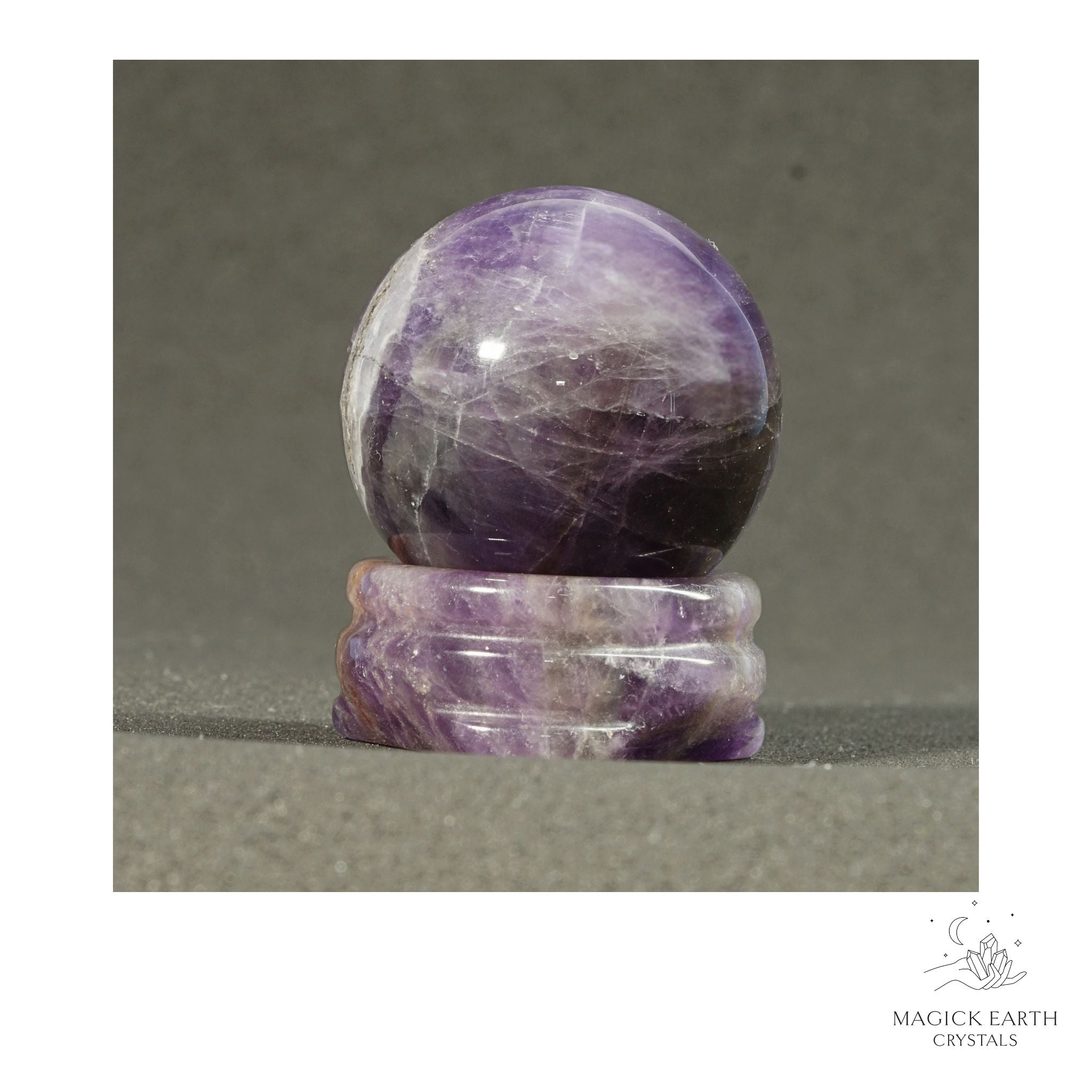 Natural Amethyst crystal sphere with Amethyst  Stand view a