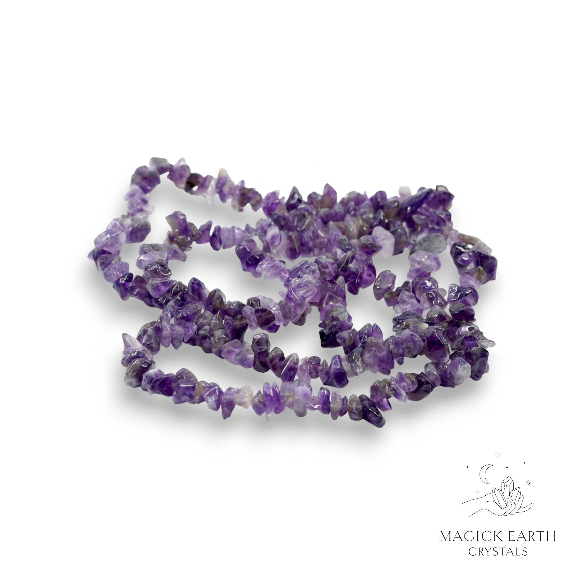 Natural Moss Amethyst drilled crystal chip strand view a