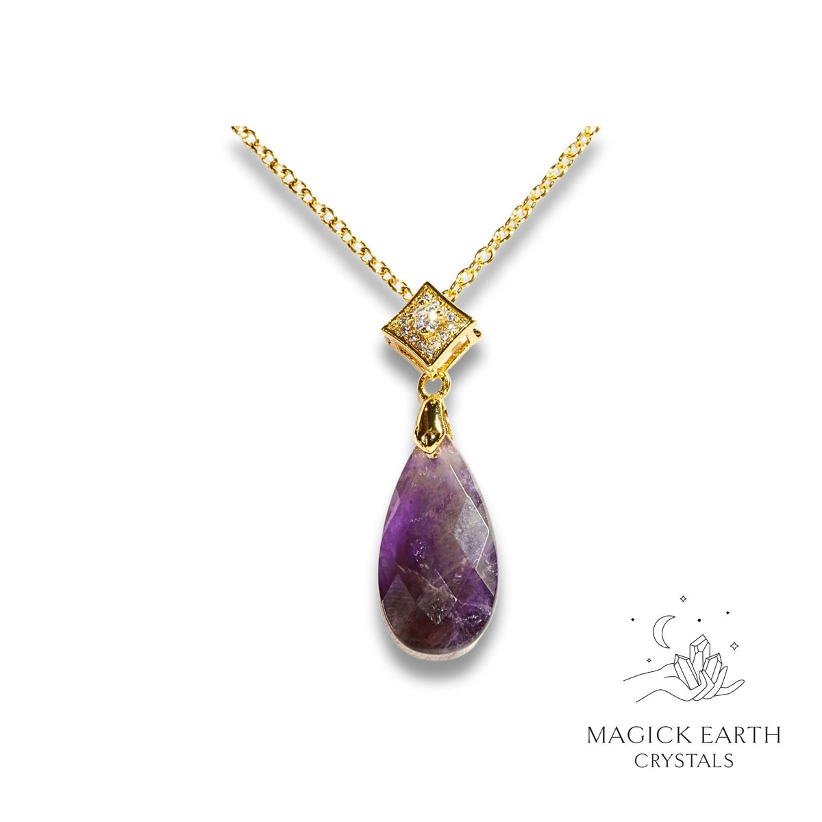 Amethyst Faceted Teardrop Pendant   Gold Finish For Stress Relief & Sleep