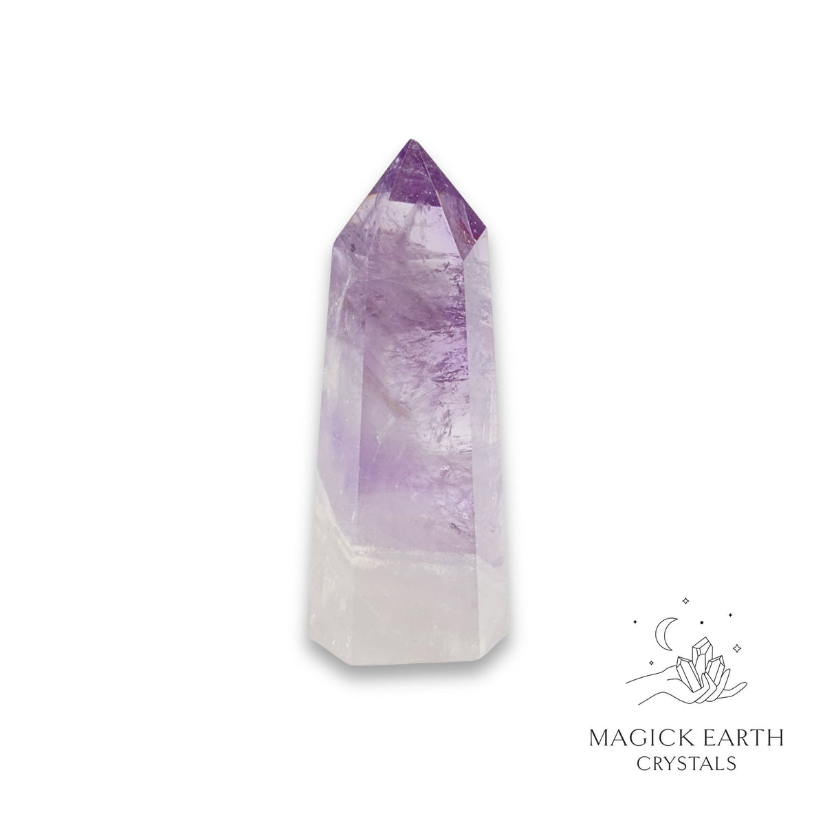 Amethyst crystal tower on a white background with 'Magick Earth Crystals' logo for Sacred Stillness