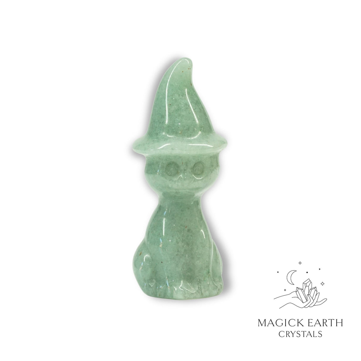 Natural Aventurine crystal cat figurine with witch hat