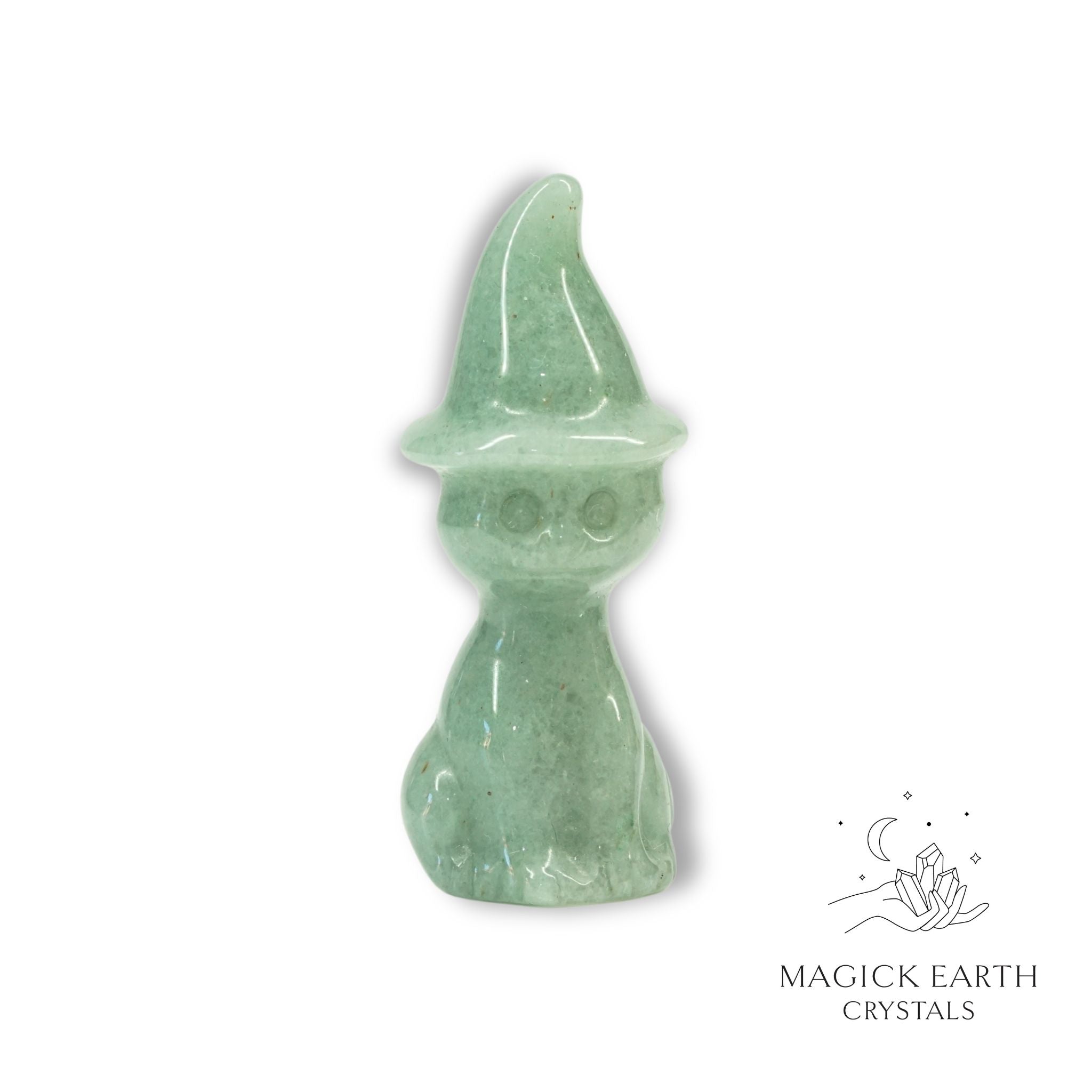 Natural Aventurine crystal cat figurine with witch hat