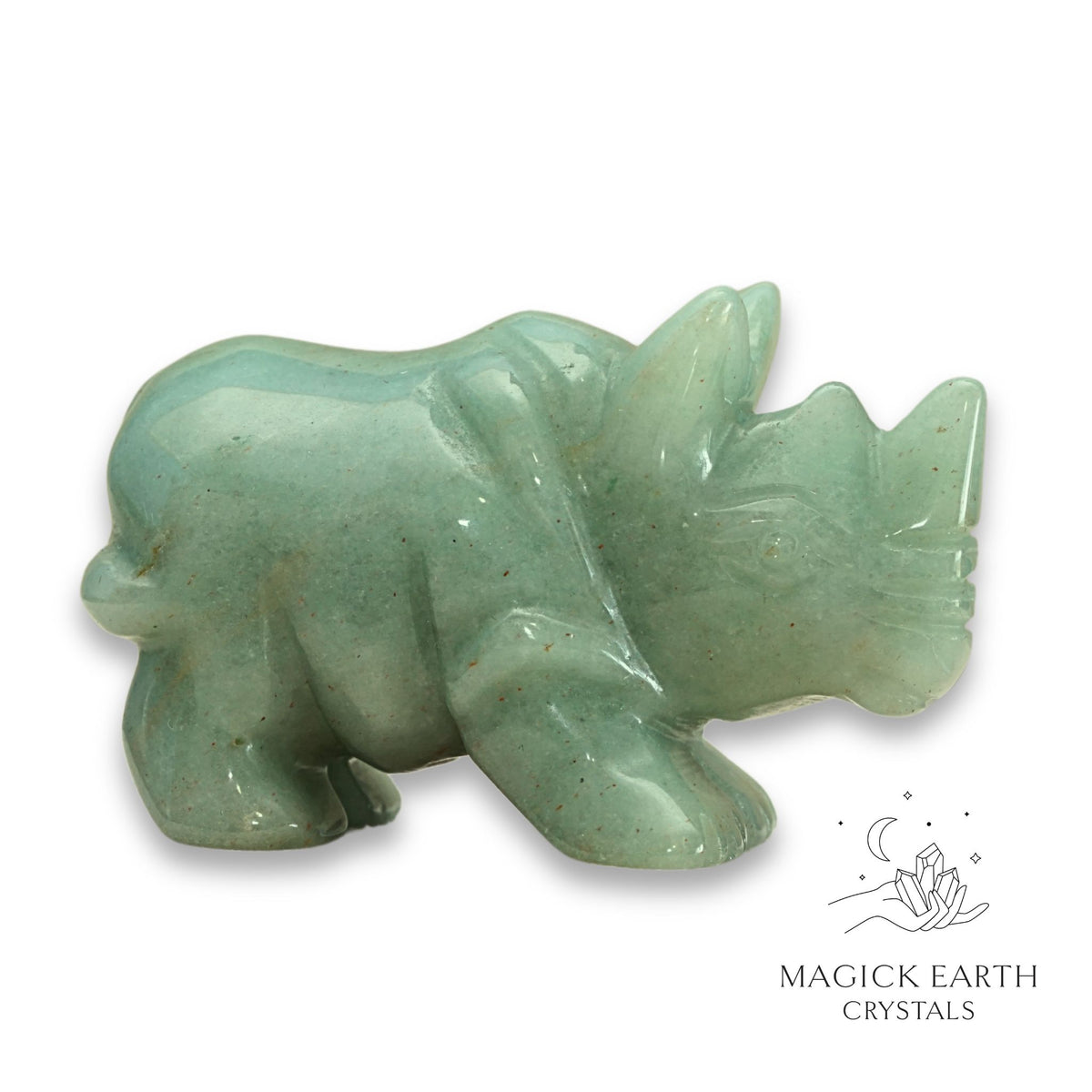 Natural Aventurine crystal rhinoceros figurine view a