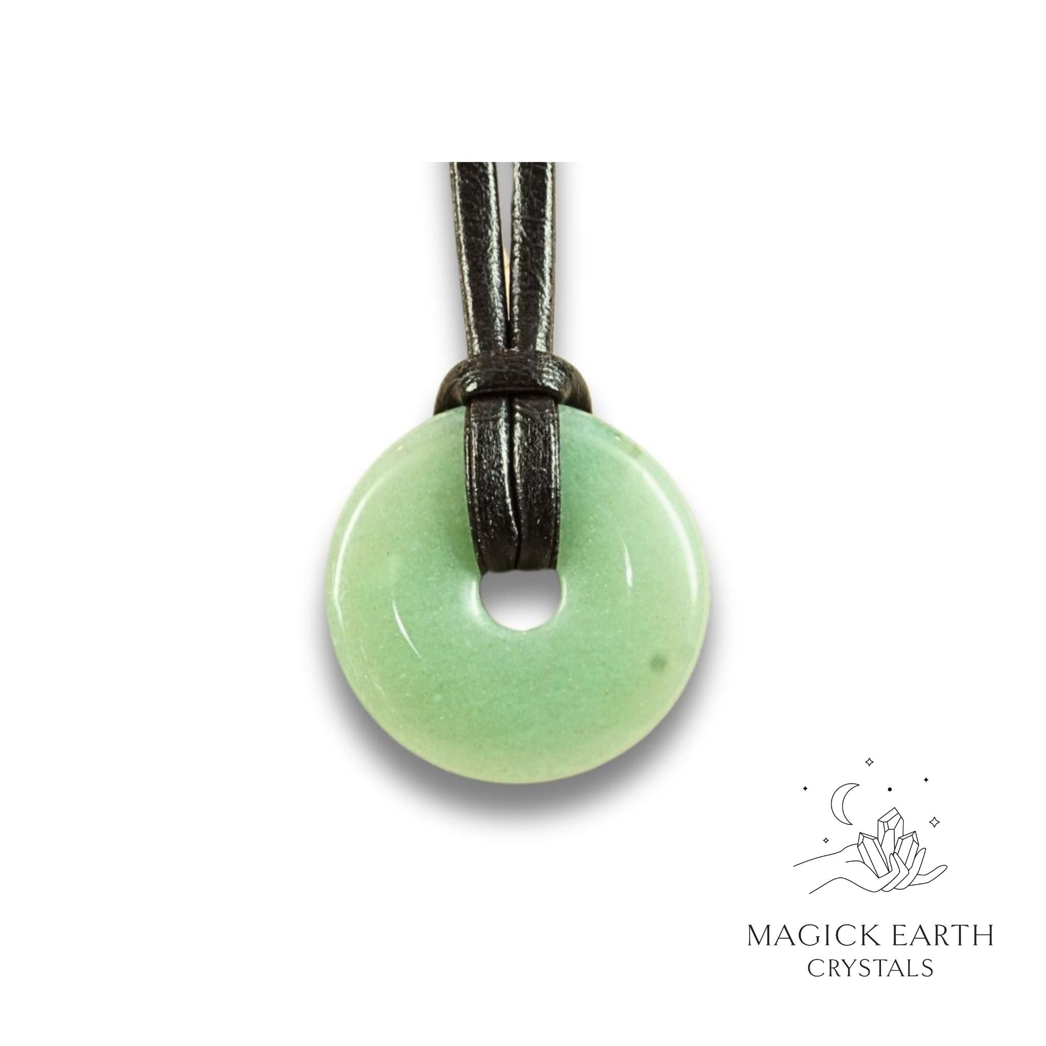 Natural 30mm aventurine donut pendant hanging from a black vegan cord.