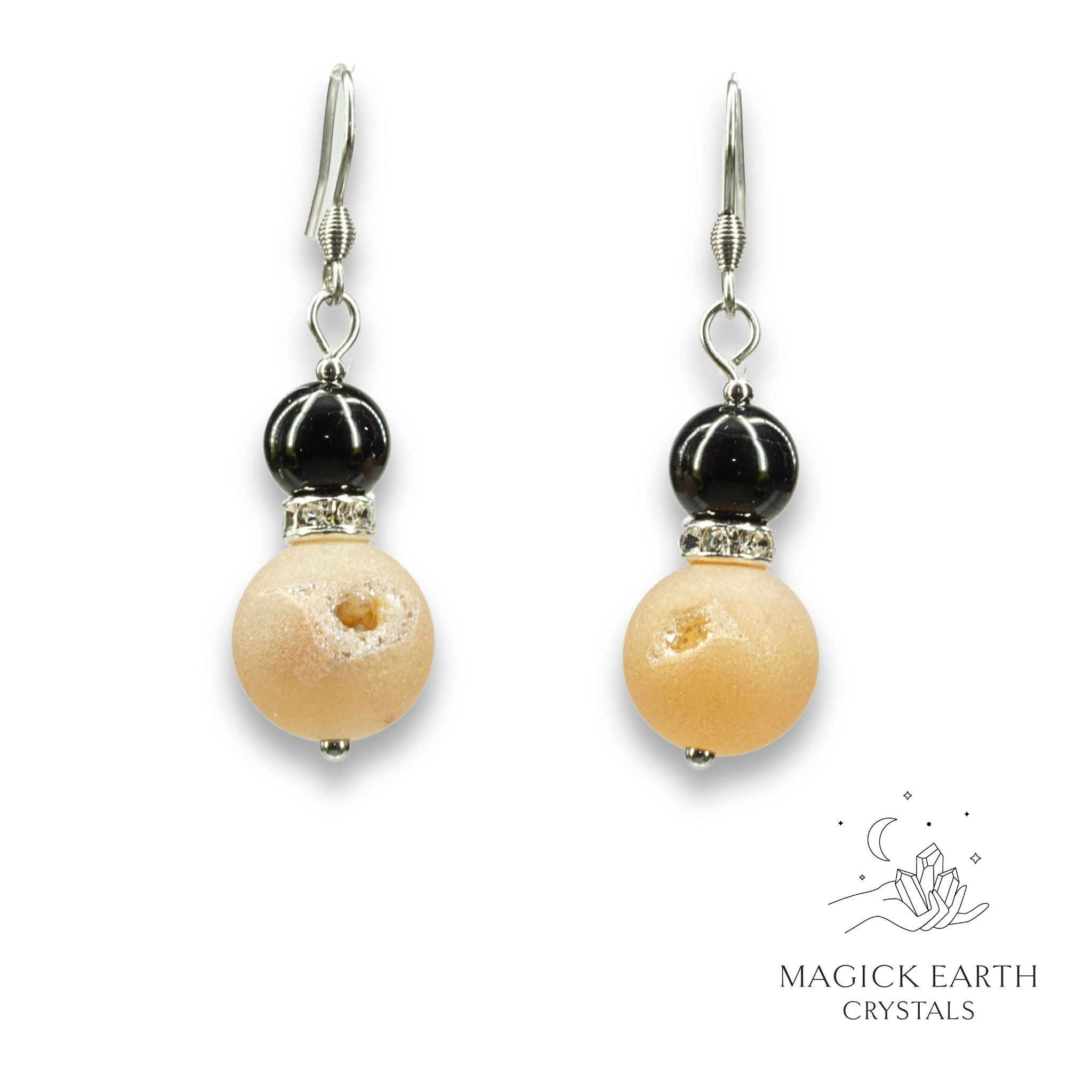 Beige Electroplated Druzy Geode and Obsidian Earrings With Platinum Finish