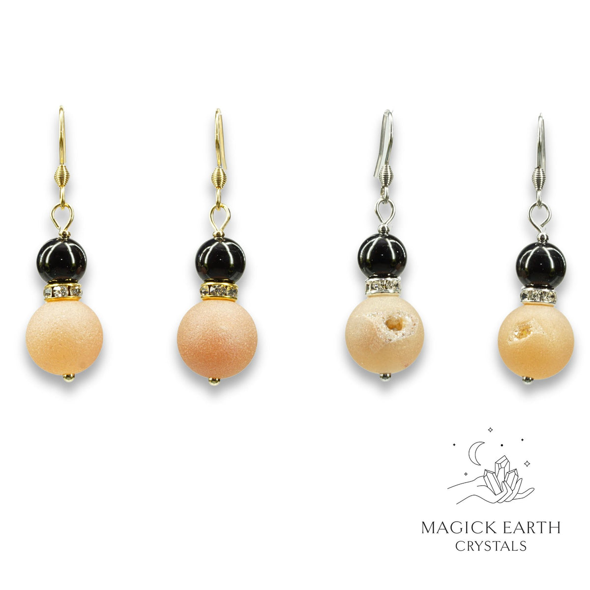 Beige Electroplated Druzy Geode and Obsidian Earrings 