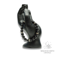 Natural Black Tourmaline 10mm round bead bracelet with rhinestone accents view c