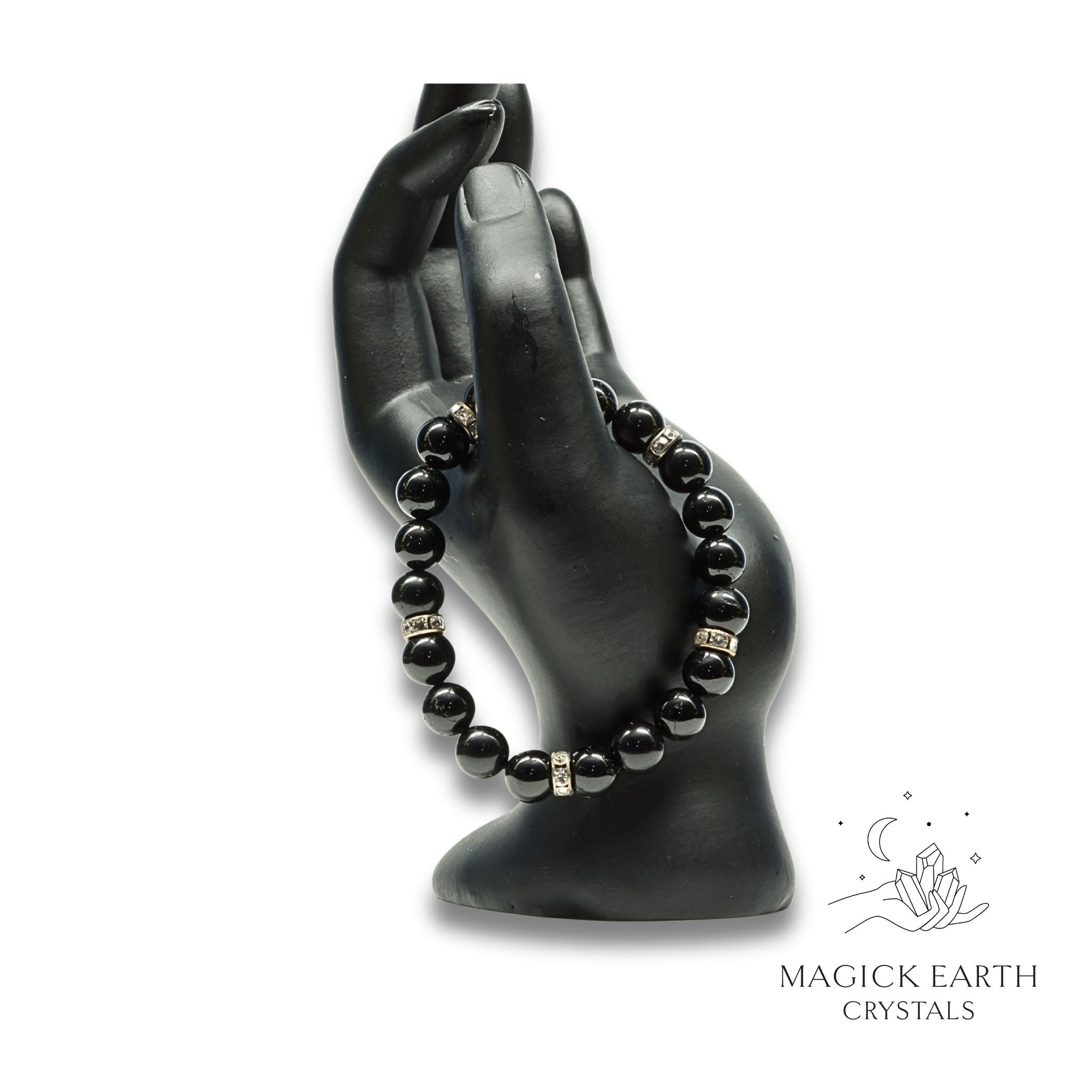 Natural Black Tourmaline 10mm round bead bracelet with rhinestone accents view c