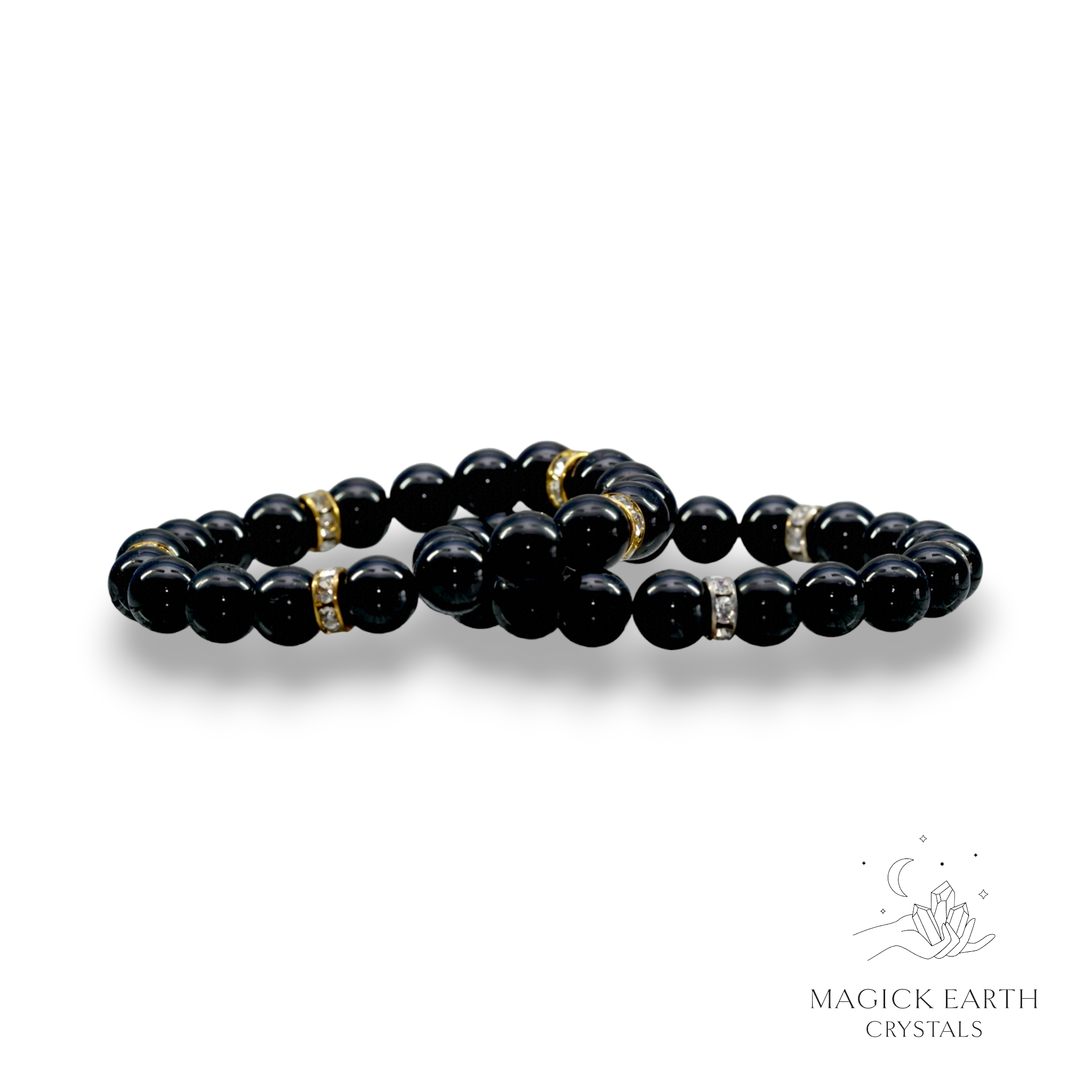 Natural Black Tourmaline 10mm round bead bracelet with rhinestone accents view d