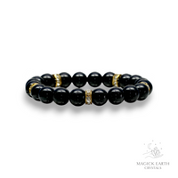 Natural Black Tourmaline 10mm round bead bracelet with rhinestone accents view e