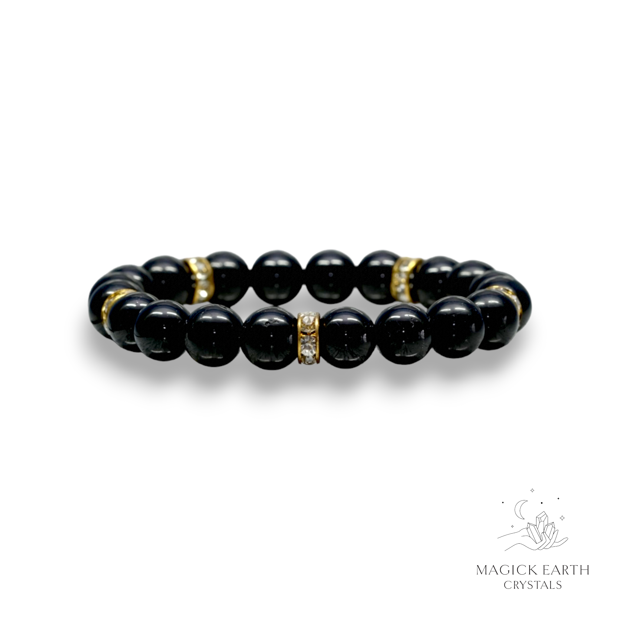 Natural Black Tourmaline 10mm round bead bracelet with rhinestone accents view e