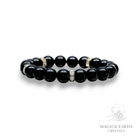 Natural Black Tourmaline 10mm round bead bracelet with rhinestone accents view f