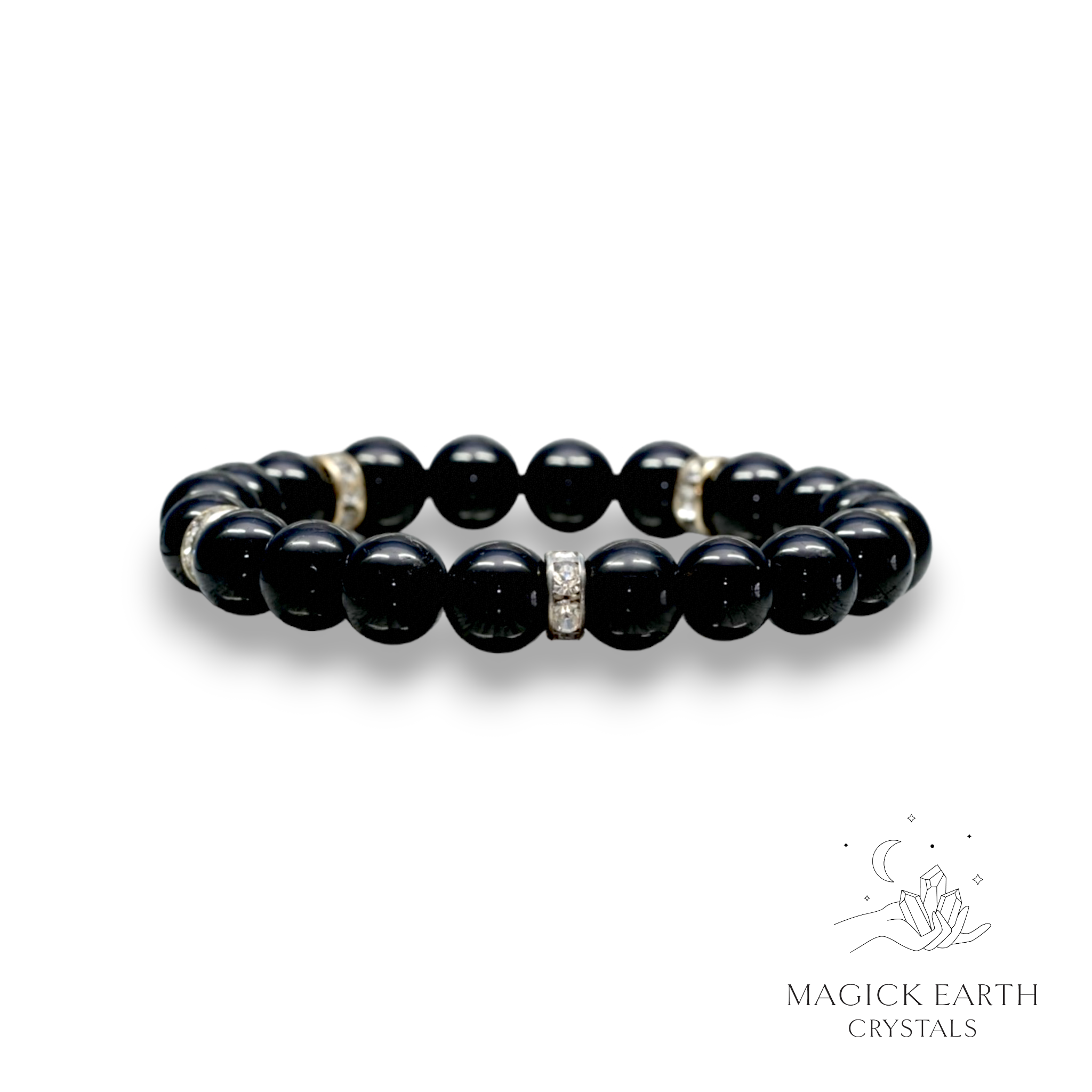 Natural Black Tourmaline 10mm round bead bracelet with rhinestone accents view f