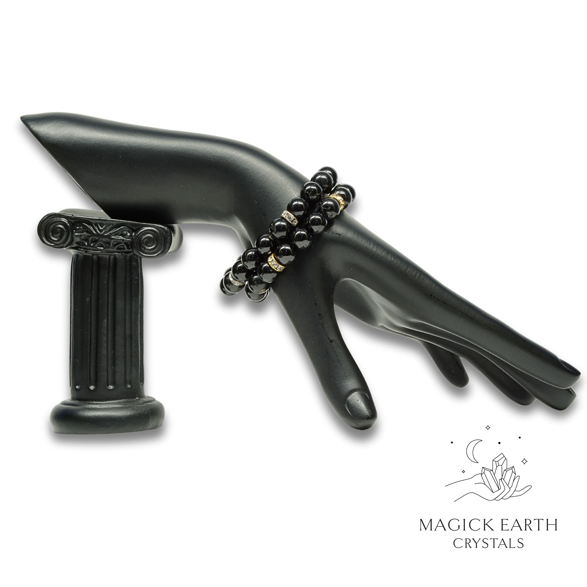 Natural Black Tourmaline 10mm round bead bracelets with rhinestone accents view a