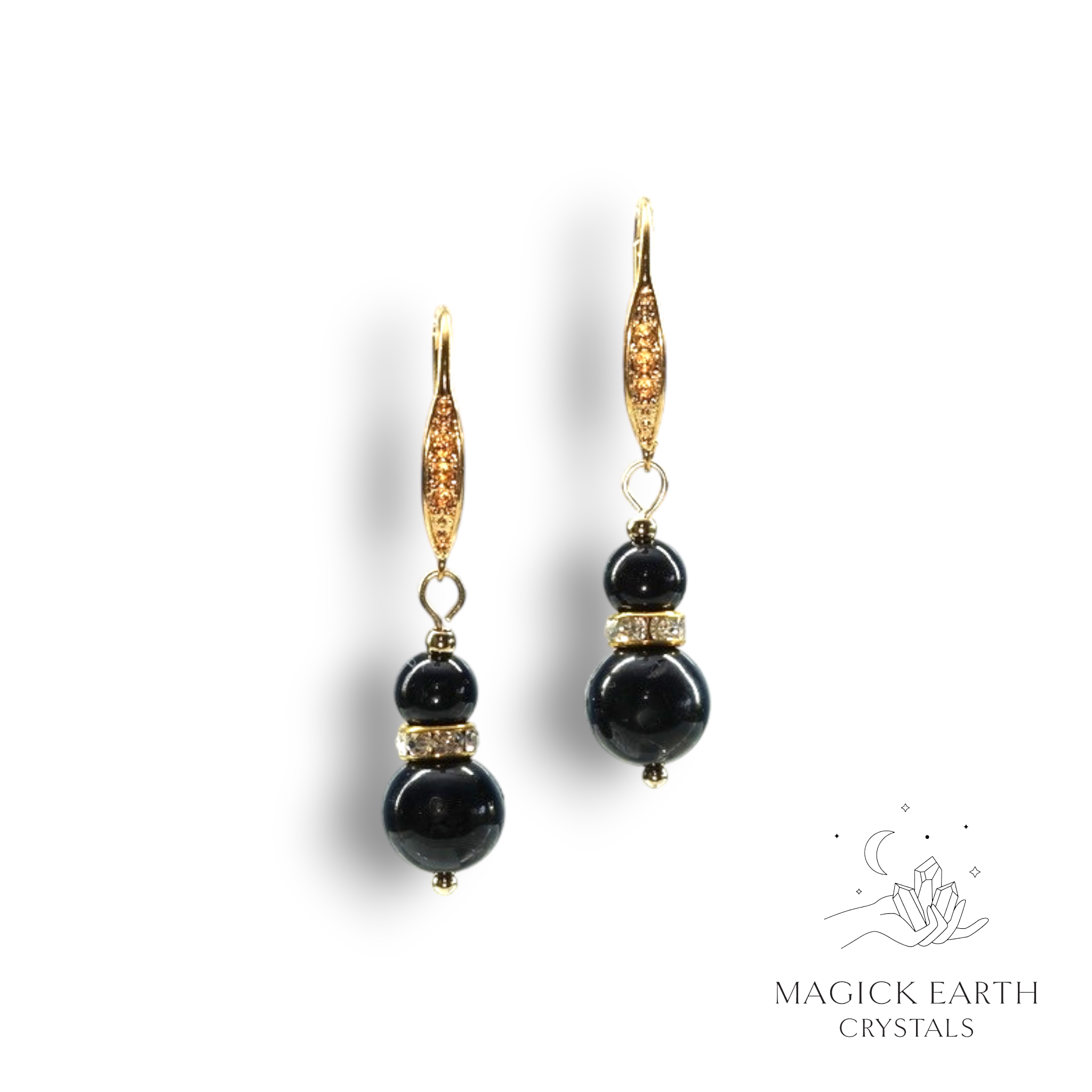 Natural Black Tourmaline bold crystal earrings with rhinestone spacers view a