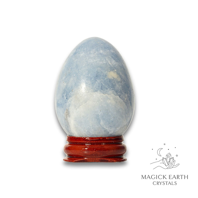 Blue Calcite Crystal Egg Vertical View A with Stand for Expansive Clarity