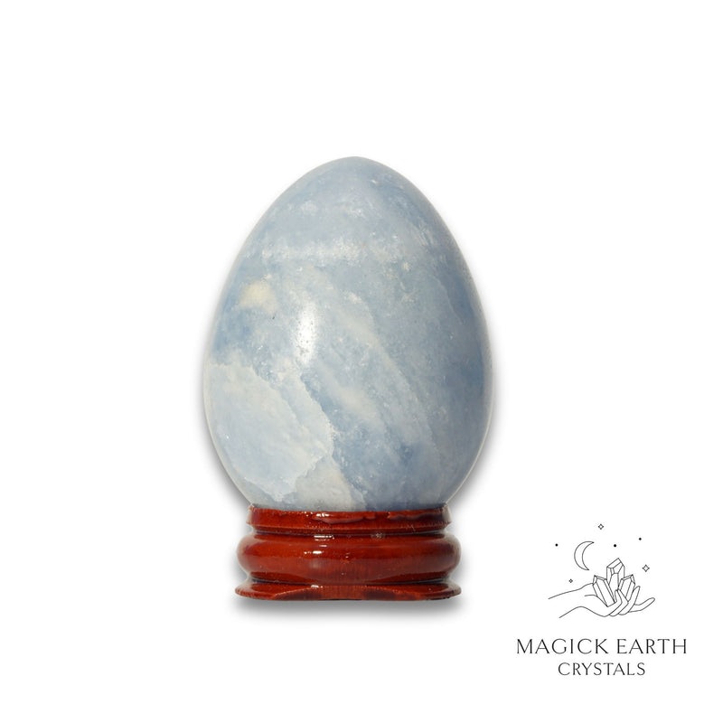 Blue Calcite Crystal Egg Vertical View B with Stand for Expansive Clarity