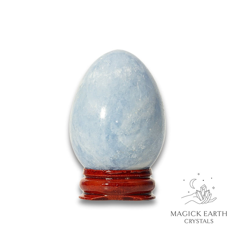 Blue Calcite Crystal Egg Vertical View C with Stand for Expansive Clarity
