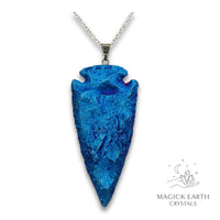 Electroplated Quartz Arrowhead pendant with Blue Colouring and Platinum Finish for Amplified Insight. Back View
