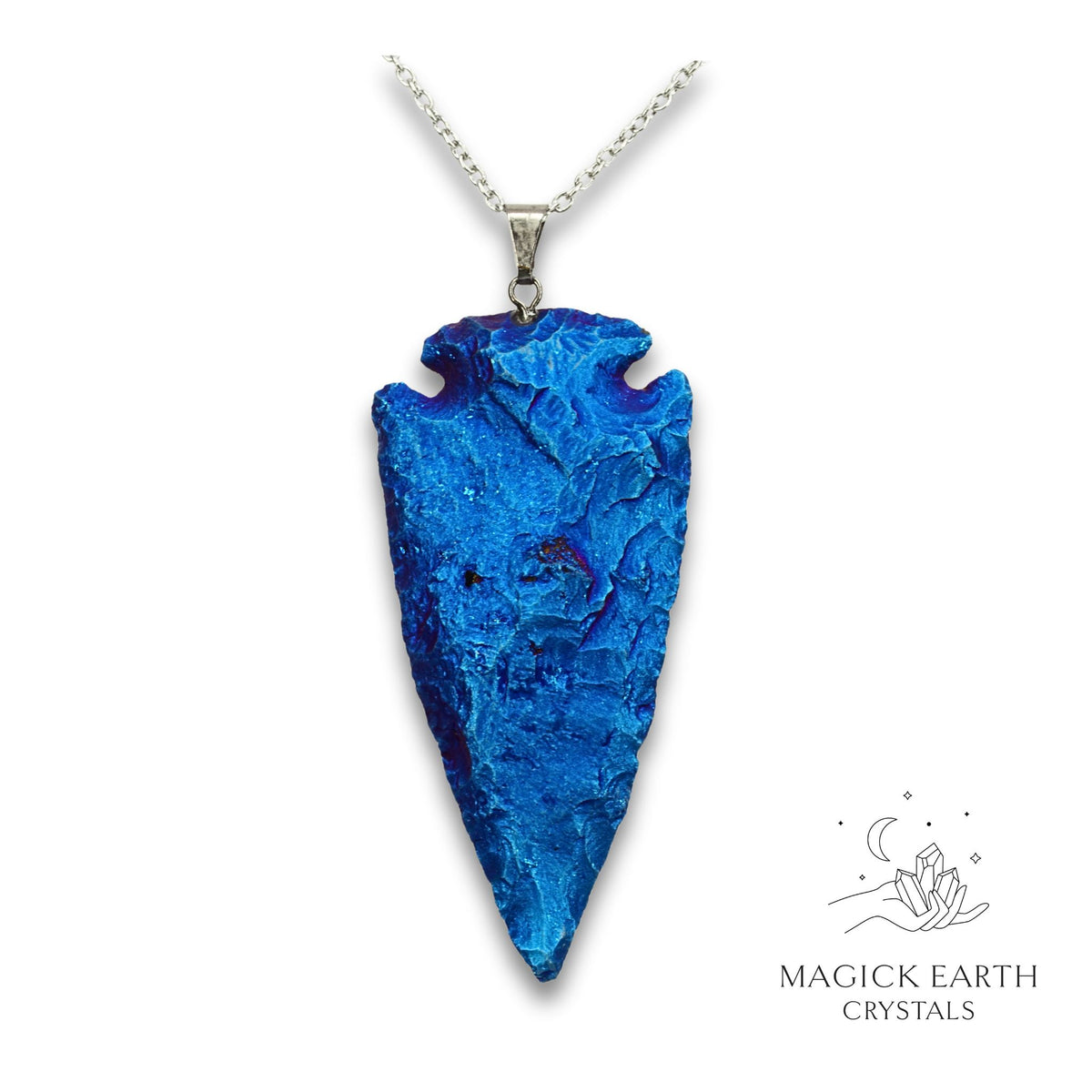 Electroplated Quartz Arrowhead pendant with Blue Colouring and Platinum Finish for Amplified Insight. Front View