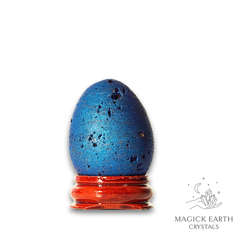 Blue Electroplated Druzy Egg Vertical View C With Stand for Amplified Insight