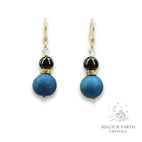 Blue Electroplated Druzy Geode and Obsidian Earrings With Gold Finish