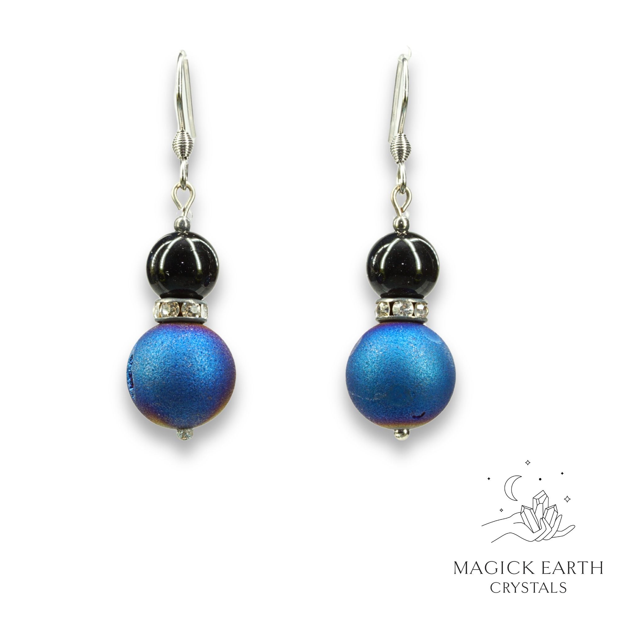 Blue Electroplated Druzy Geode and Obsidian Earrings With Platinum Finish