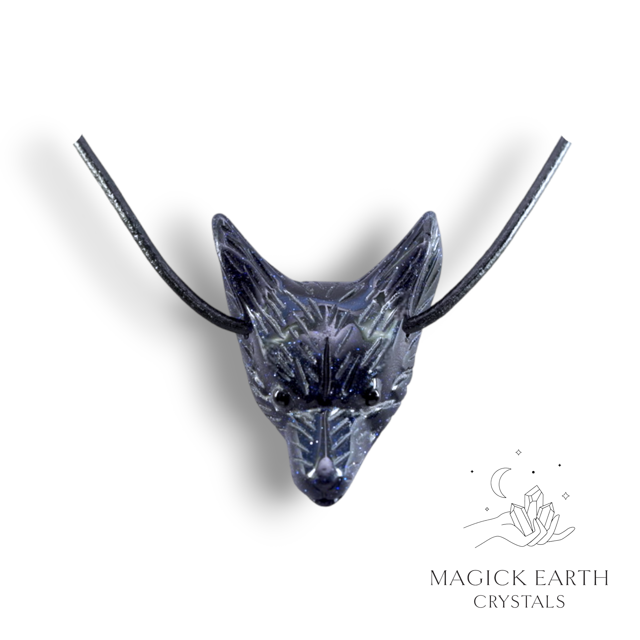 Natural Blue Goldstone crystal wolf head pendant with adjustable black leather cord
