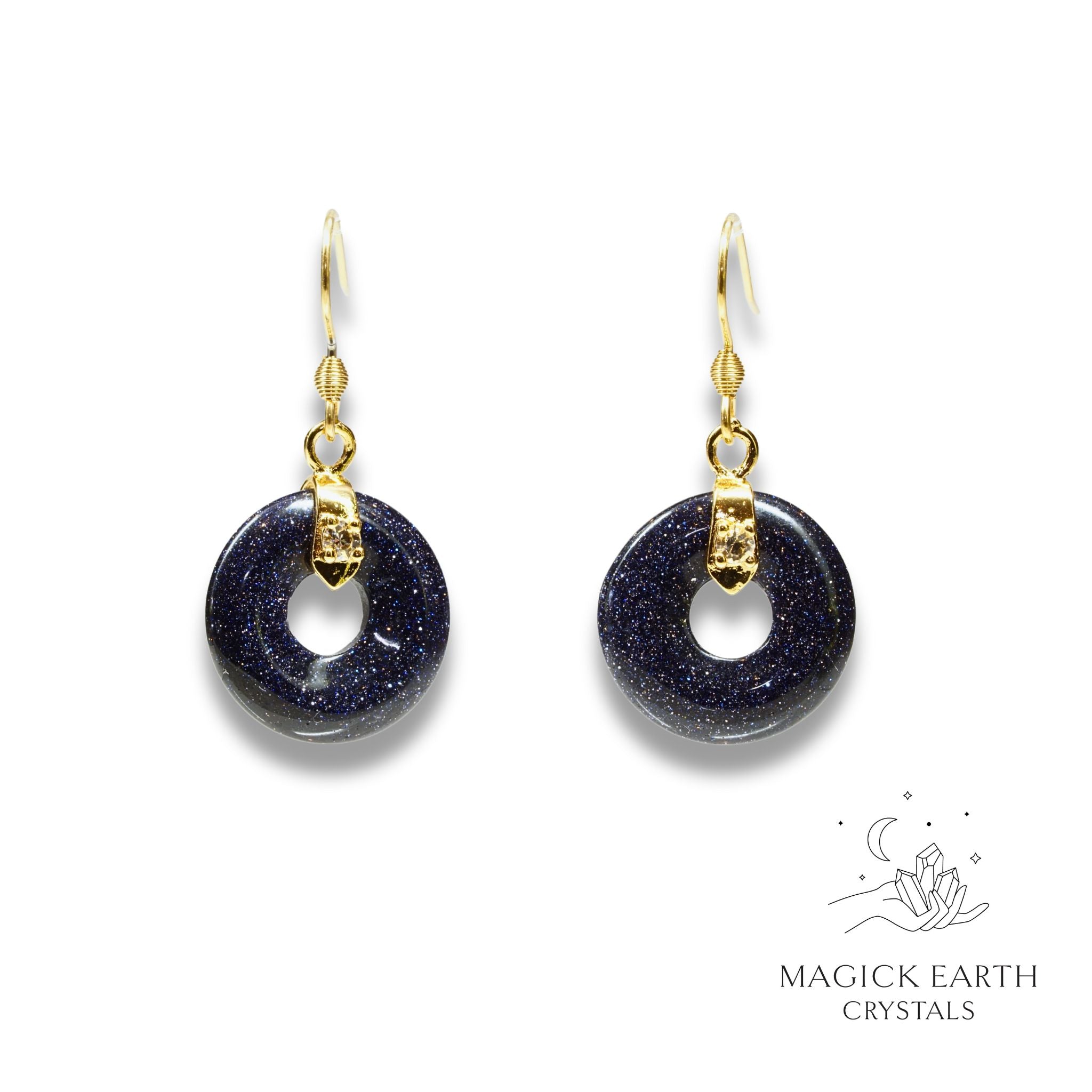 Natural Blue Goldstone crystal donut earrings view a