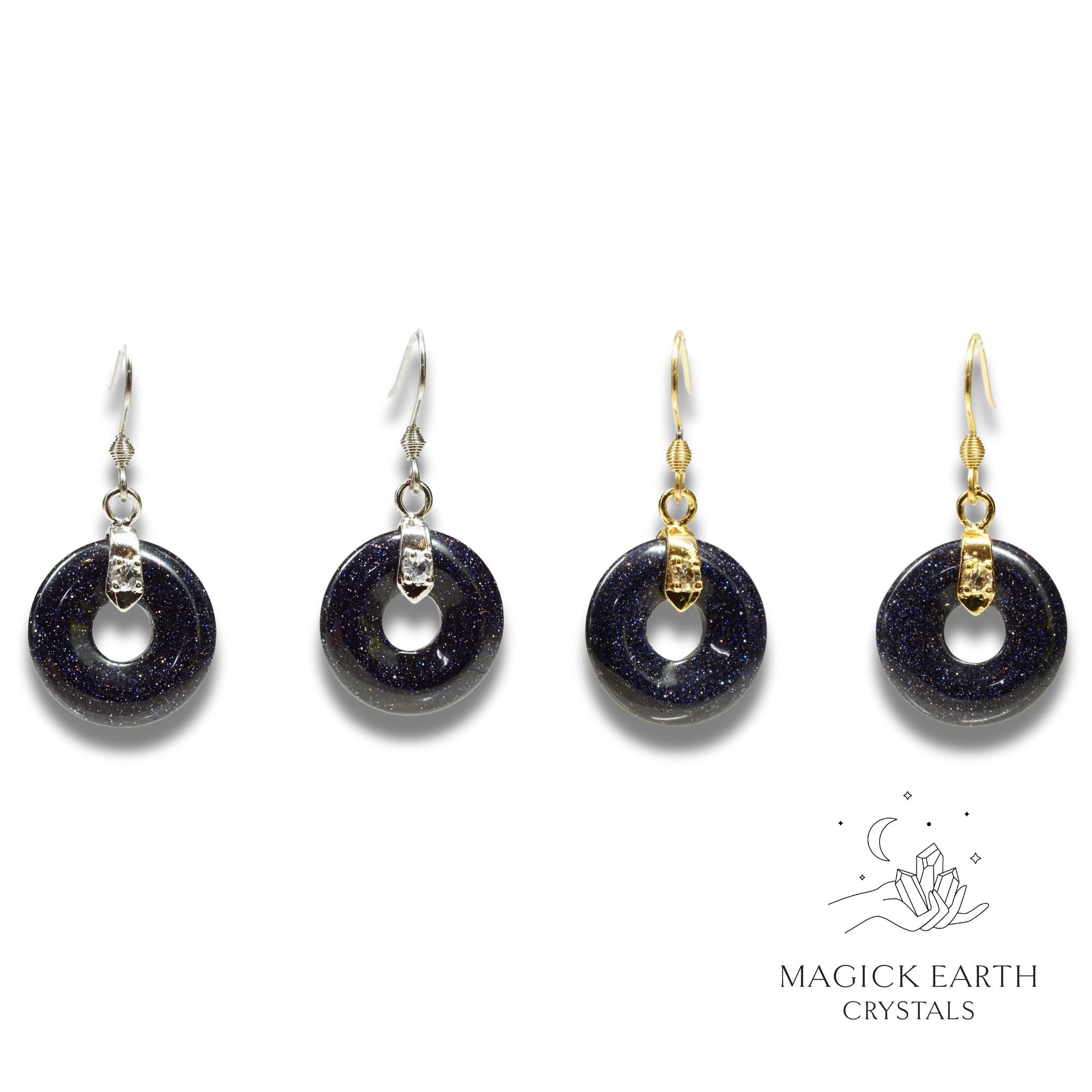 Natural Blue Goldstone crystal donut earrings view c