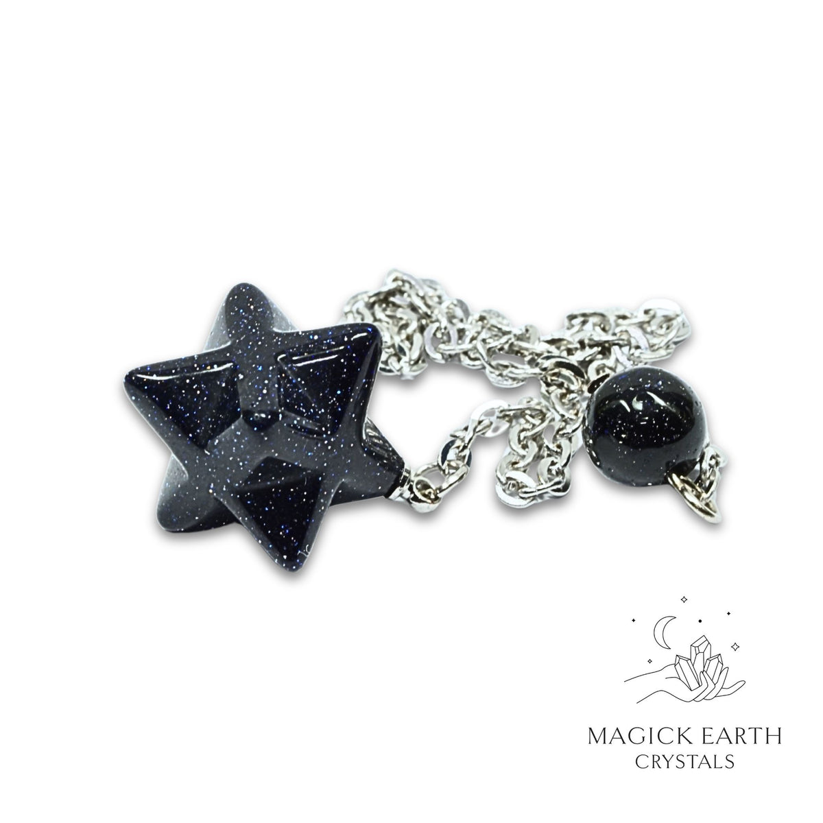 Natural Blue Goldstone merkaba crystal pendulum view a