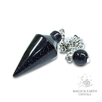 Natural Blue Goldstone spire crystal pendulum view a