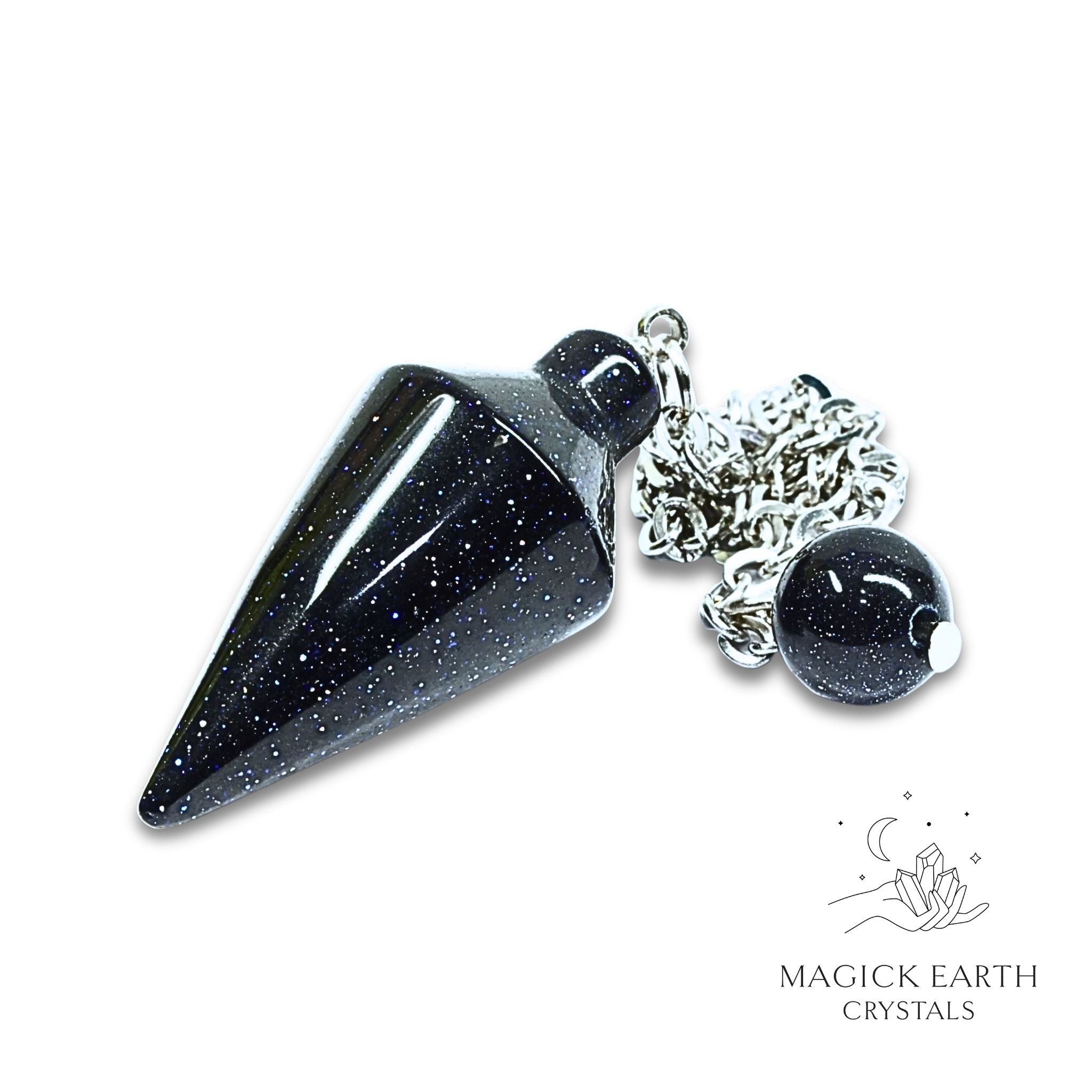 Natural Blue Goldstone spire crystal pendulum view a