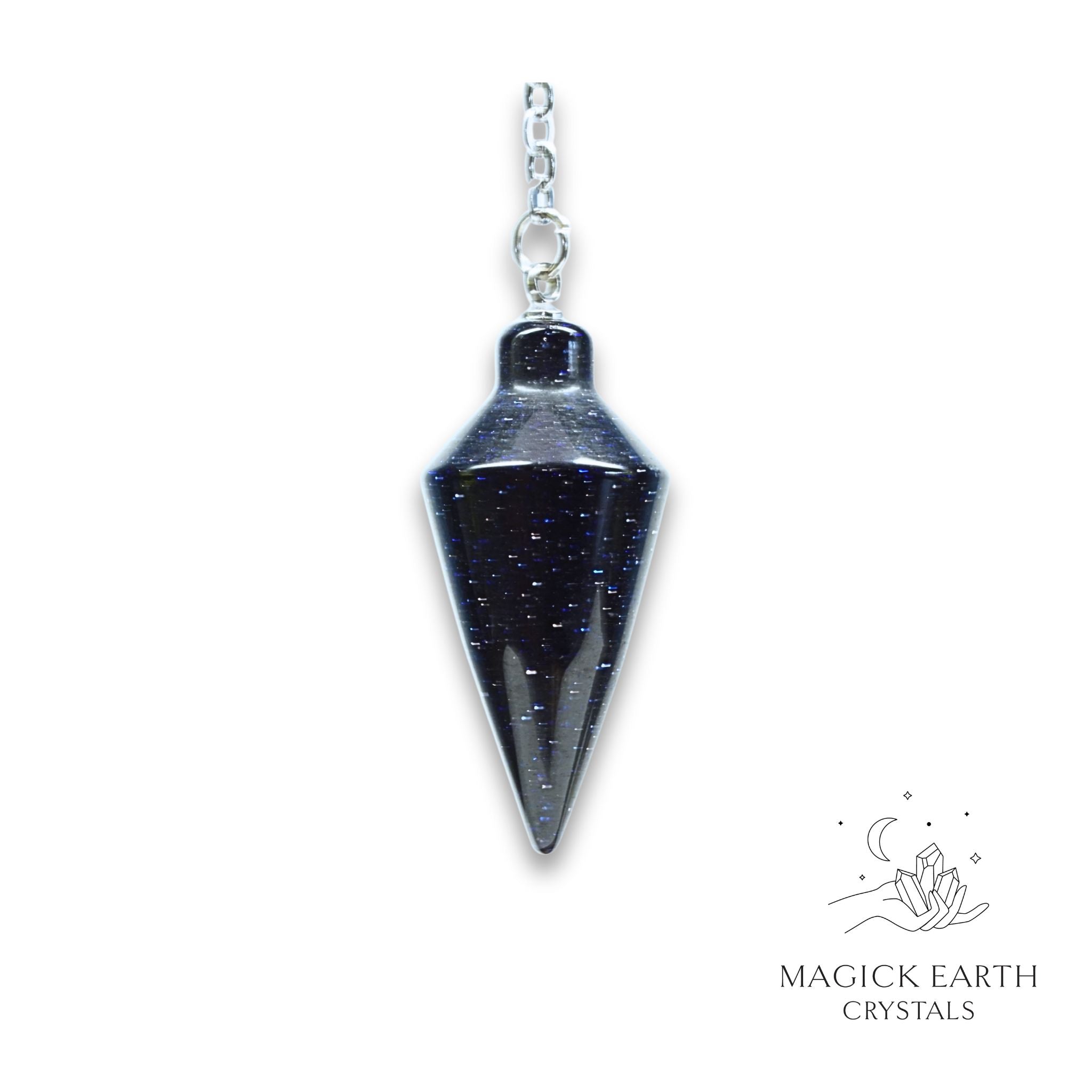 Natural Blue Goldstone spire crystal pendulum view b
