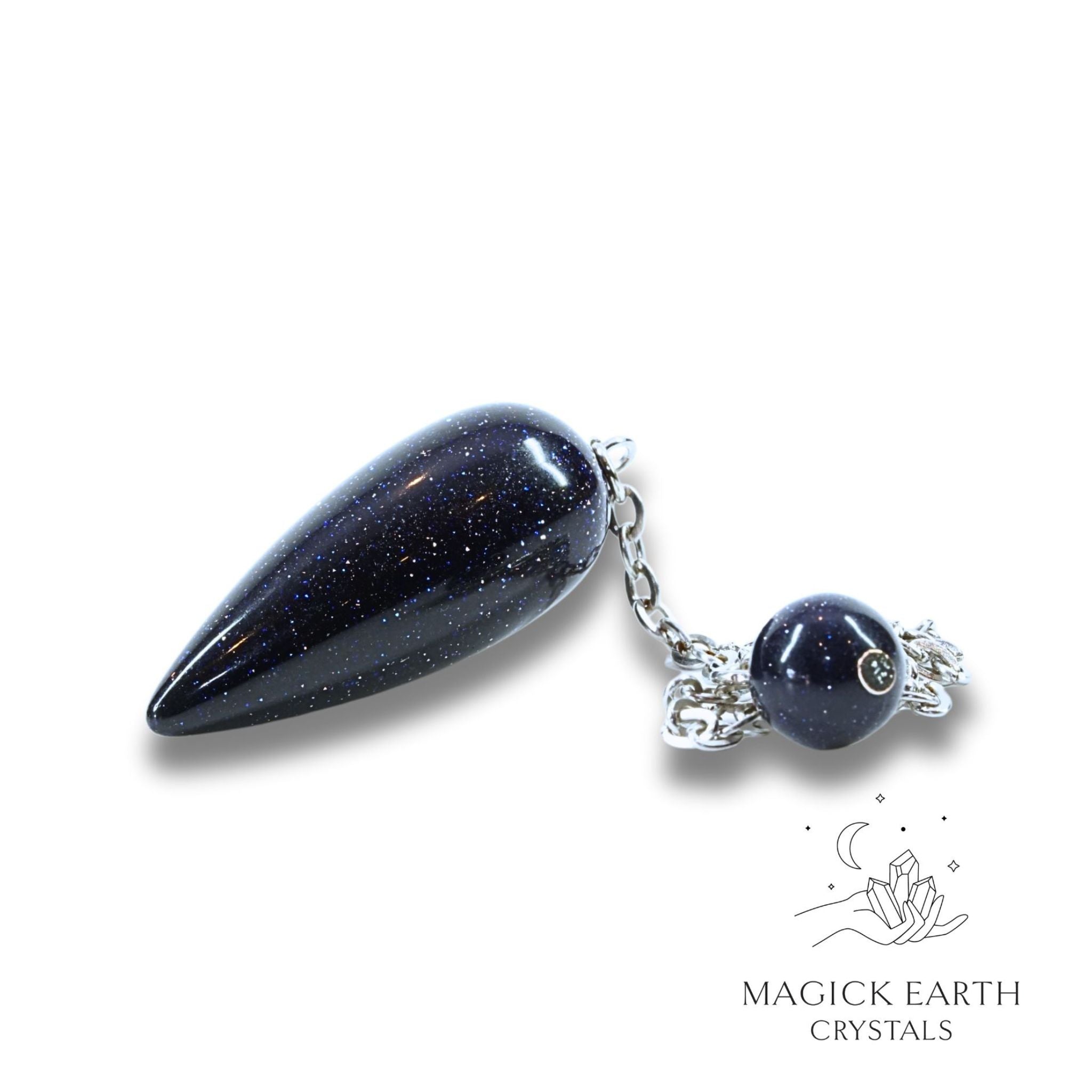 Natural Blue Goldstone teardrop crystal pendulum view a