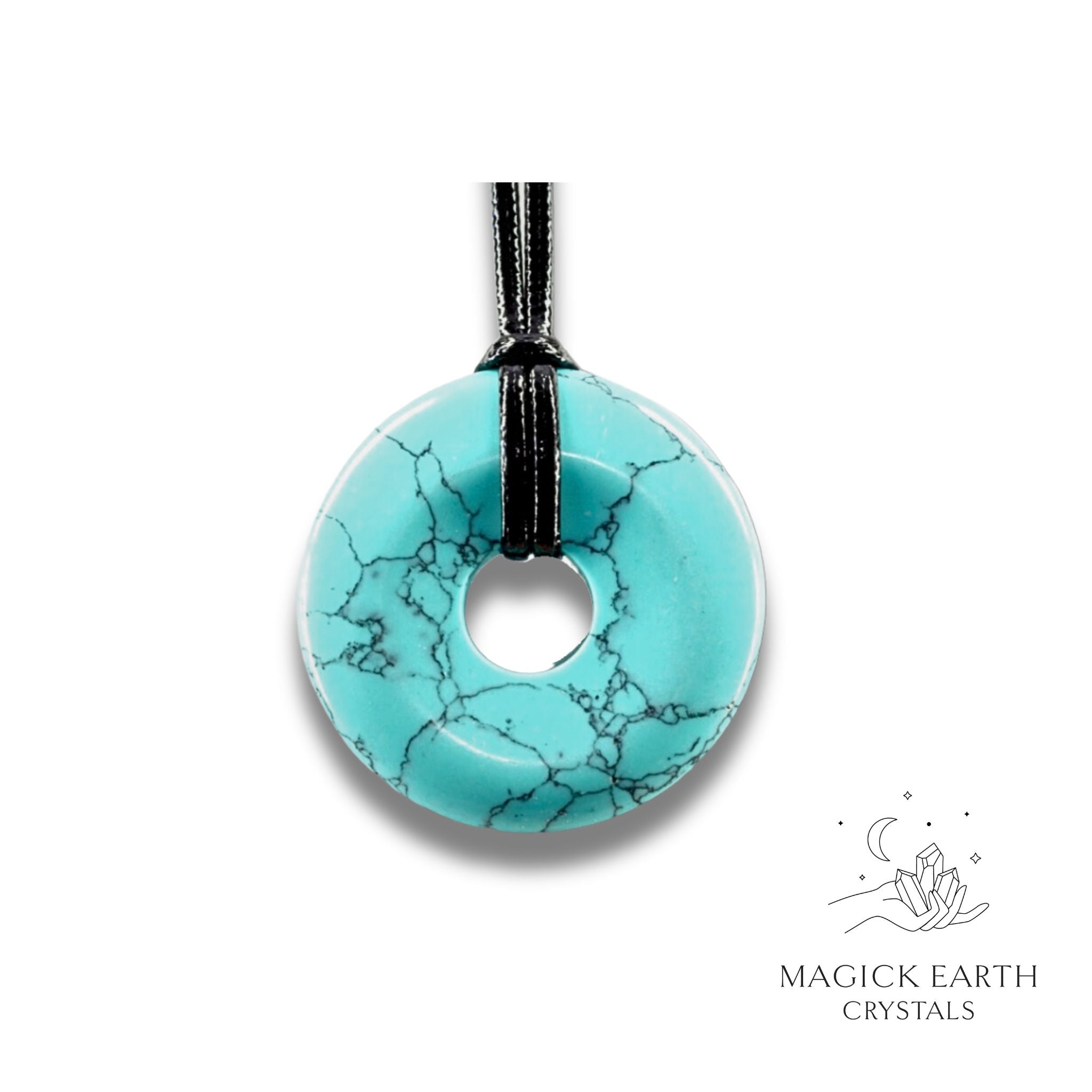 30mm blue howlite  donut pendant hanging from a black vegan cord.