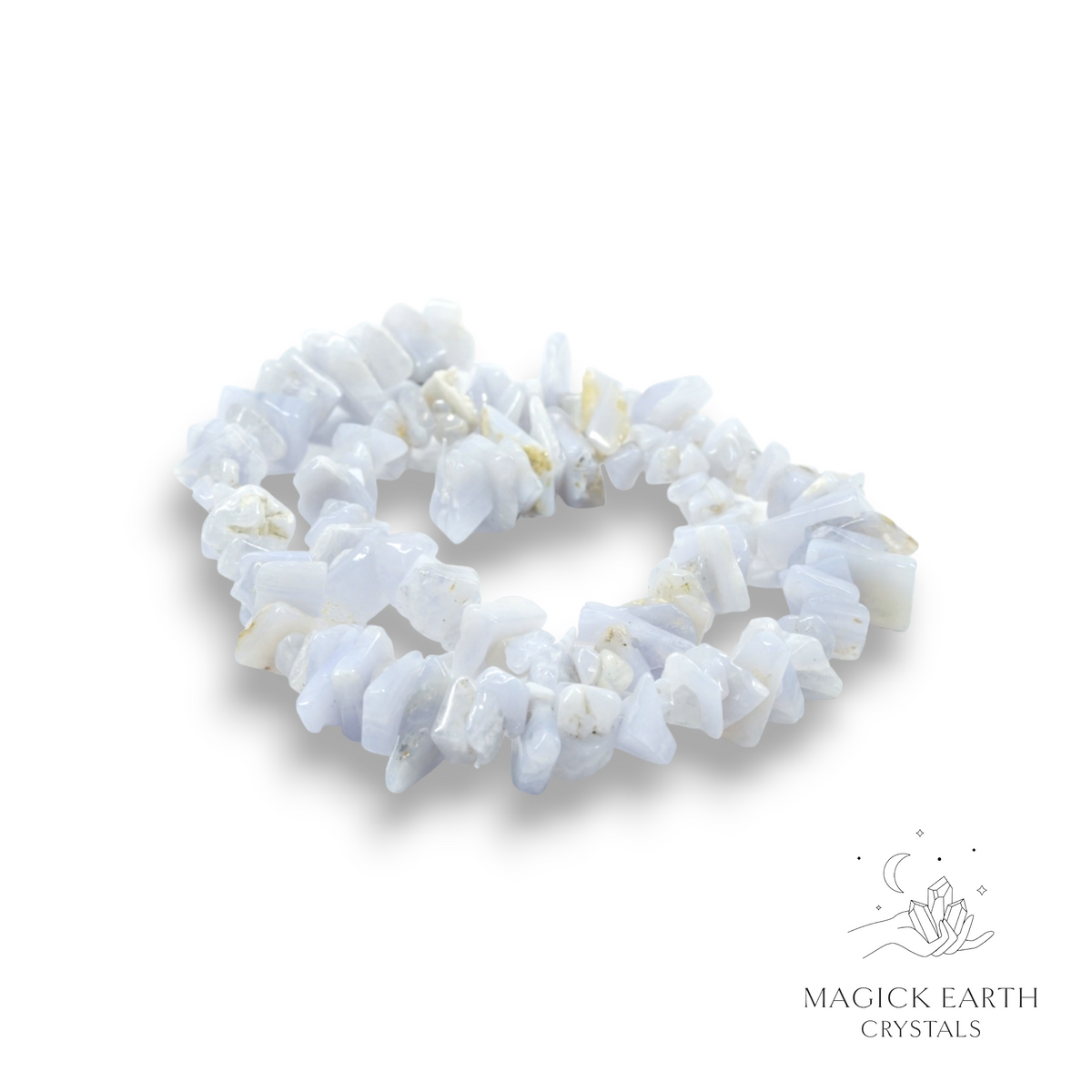 Natural Blue Lace Agate drilled crystal chip strand view a