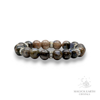 Natural Blue Opal 10mm round bead bracelet with rhinestone accents view c