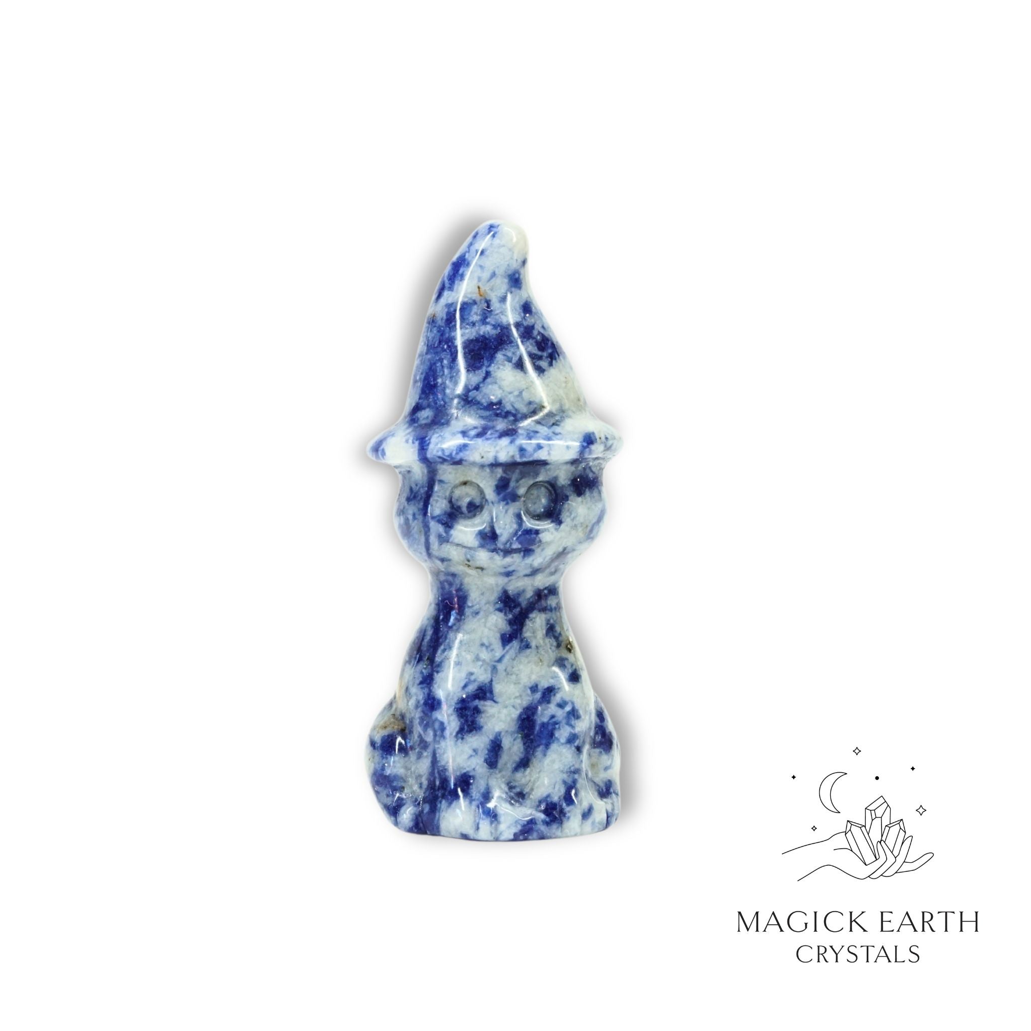 Natural Blue Spot Jasper crystal cat figurine with witch hat
