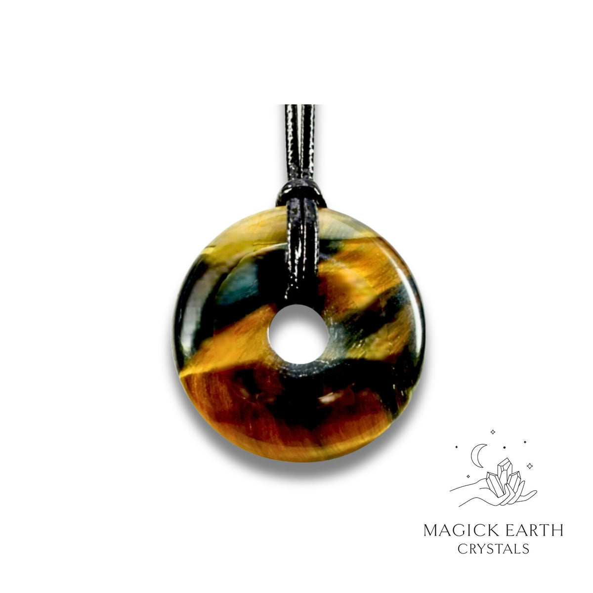 Natural 30mm blue tiger eye donut pendant hanging from a black vegan cord.