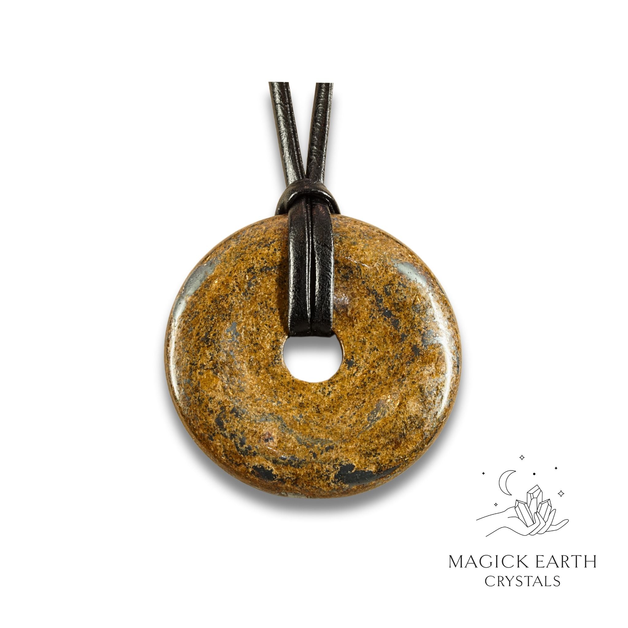 Natural 50mm bronzite donut pendant hanging from a black vegan cord.