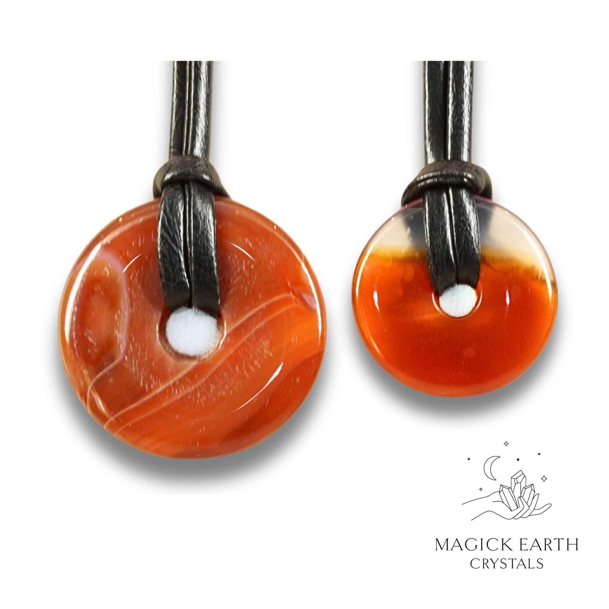 Natural carnelian donut pendants in two sizes hanging from black vegan cords arranged left to right from large to small
