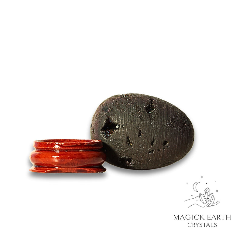 Charcoal Electroplated Druzy Egg Horizontal View With Stand for Amplified Insight