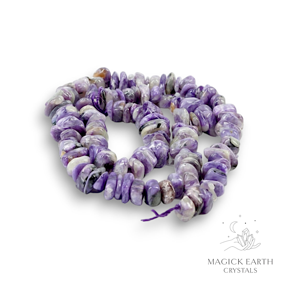 Natural Charoite drilled crystal chip strand view a