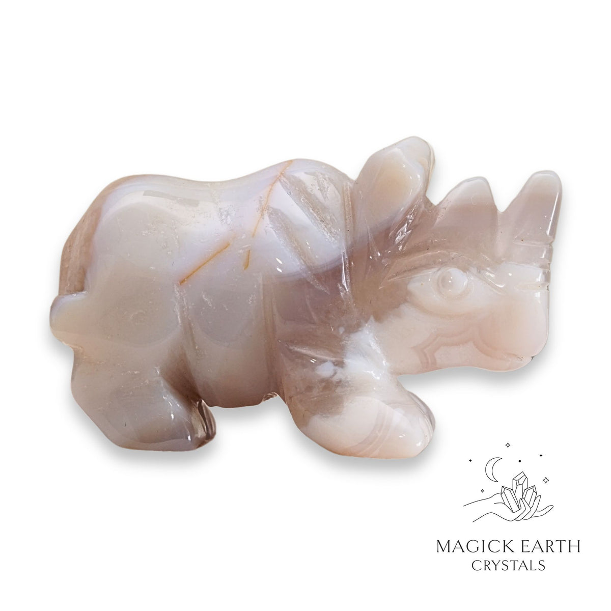 Natural Cherry Blossom Agate crystal rhinoceros figurine right view 